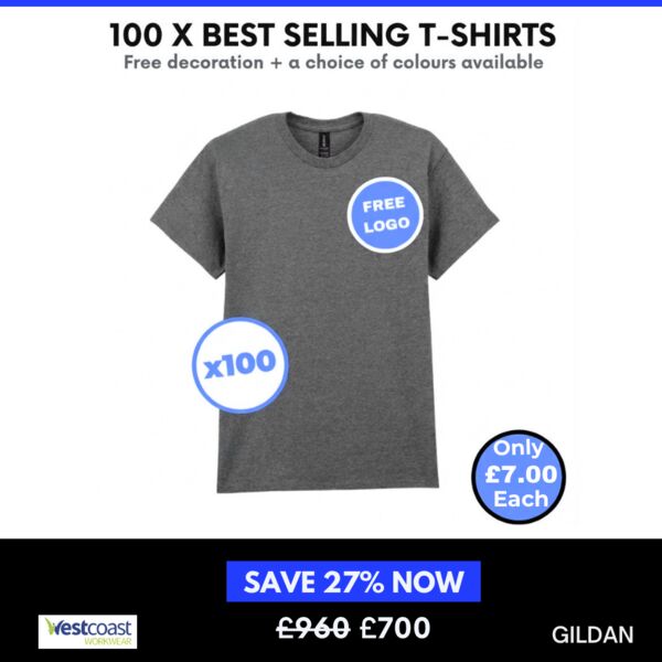 100 x Gildan Best Selling T-Shirts  + free left chest logo Thumbnail
